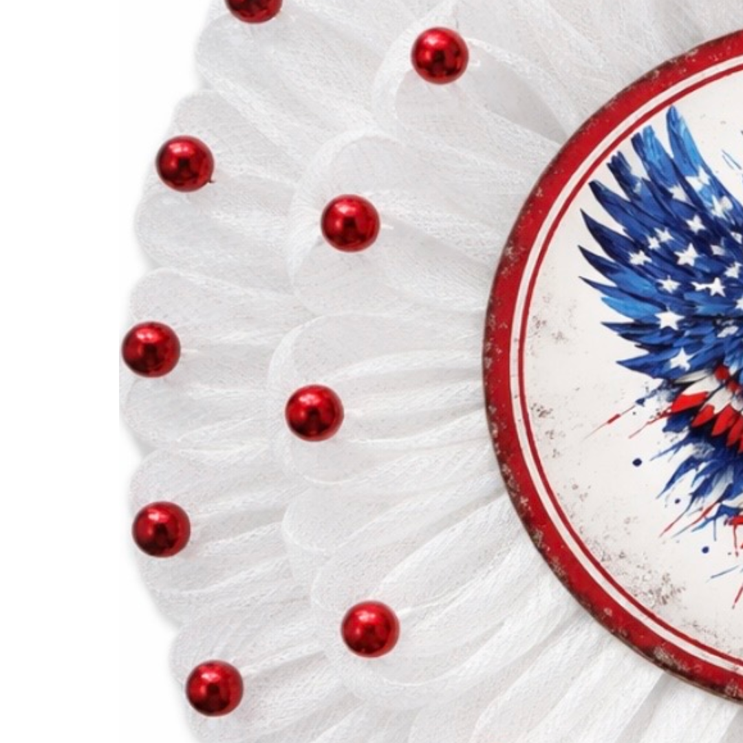 white deco mesh folded with red wooden beads