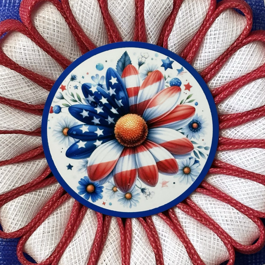 Stars and Stripes inspired flag flower wreath designed by Monkey's Creations with a daisy flower metal wreath sign as the center 