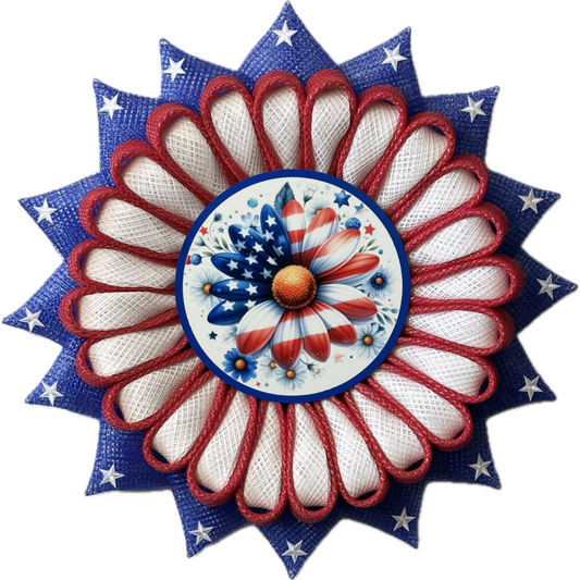 Stars and Stripes inspired flag flower wreath designed by Monkey's Creations with a daisy flower metal wreath sign as the center 