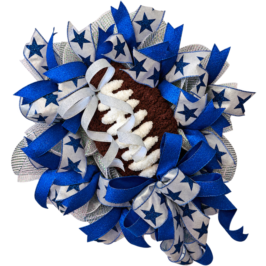 Royal blue, silver and grey deco mesh and wired ribbon wreath featuring stars and a chunky yarn football center by Monkey's Creations. 