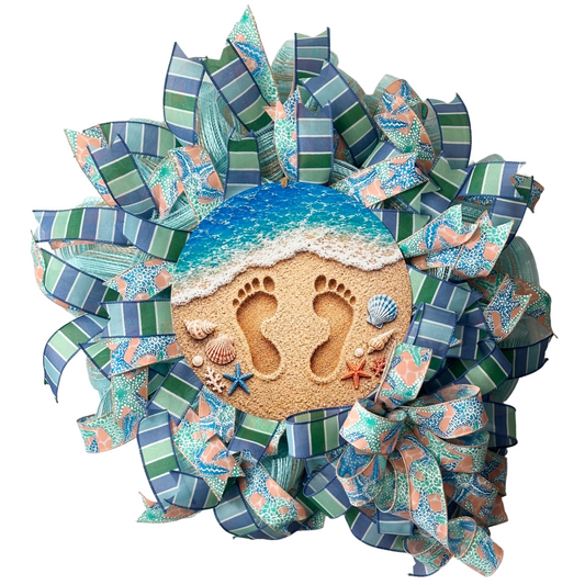 Deco mesh and ribbon wreath featuring coastal beach themed deco mesh and wired ribbon by Monkey's Creations. 