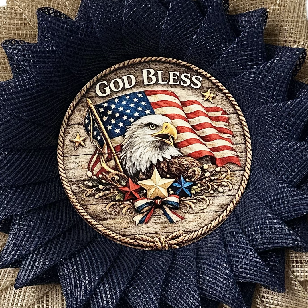Patriotic God bless America deco mesh wreath by Monkey's Creations branding.