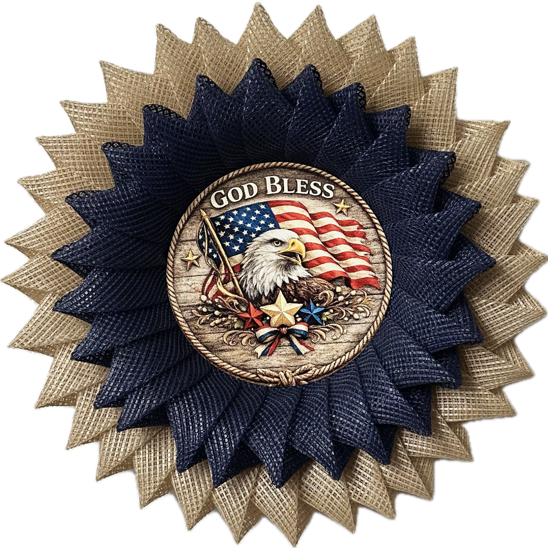 Patriotic God bless America deco mesh wreath by Monkey's Creations branding.