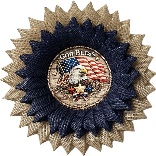 Patriotic God bless America deco mesh wreath by Monkey's Creations branding.