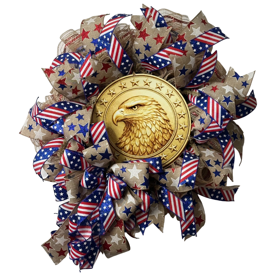 Deco mesh wreath with a golden eagle wreath sign surrounded by American flags themed ribbon 