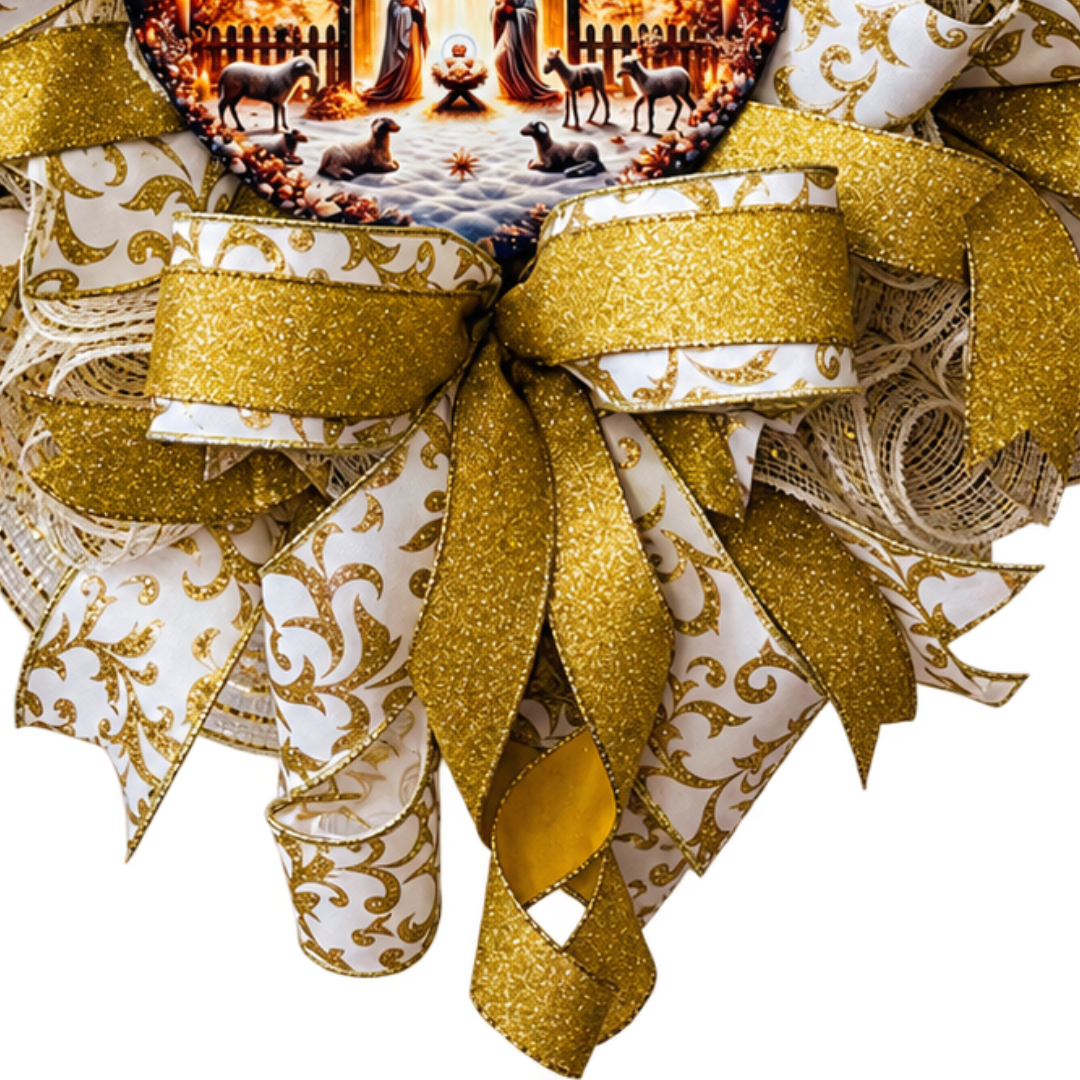 Gold and creme deco mesh and ribbon faith based wreath featuring a golden nativity scene metal wreath sign center with a bright north star by Monkey's Creations. 