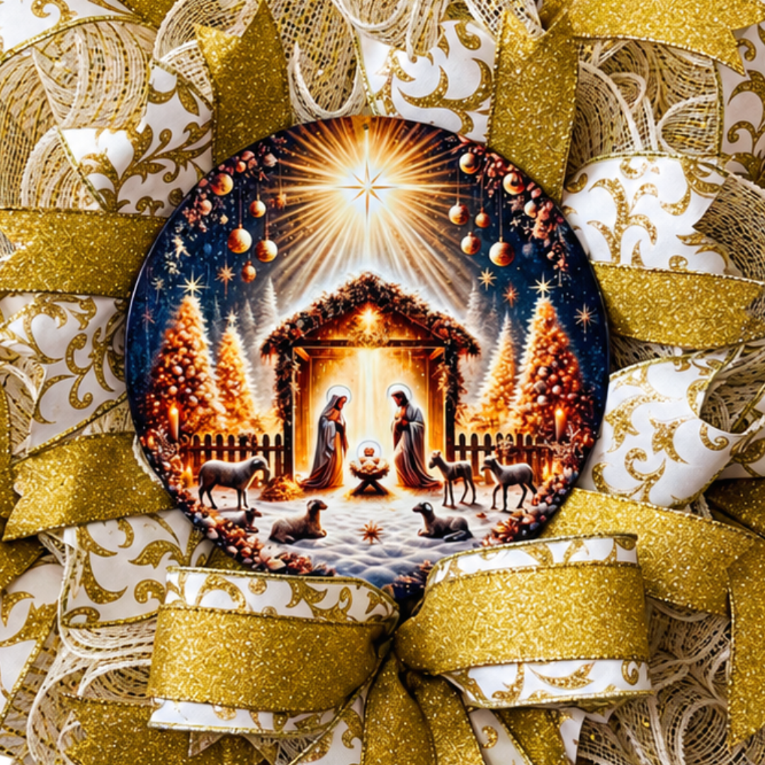 Gold and creme deco mesh and ribbon faith based wreath featuring a golden nativity scene metal wreath sign center with a bright north star by Monkey's Creations. 