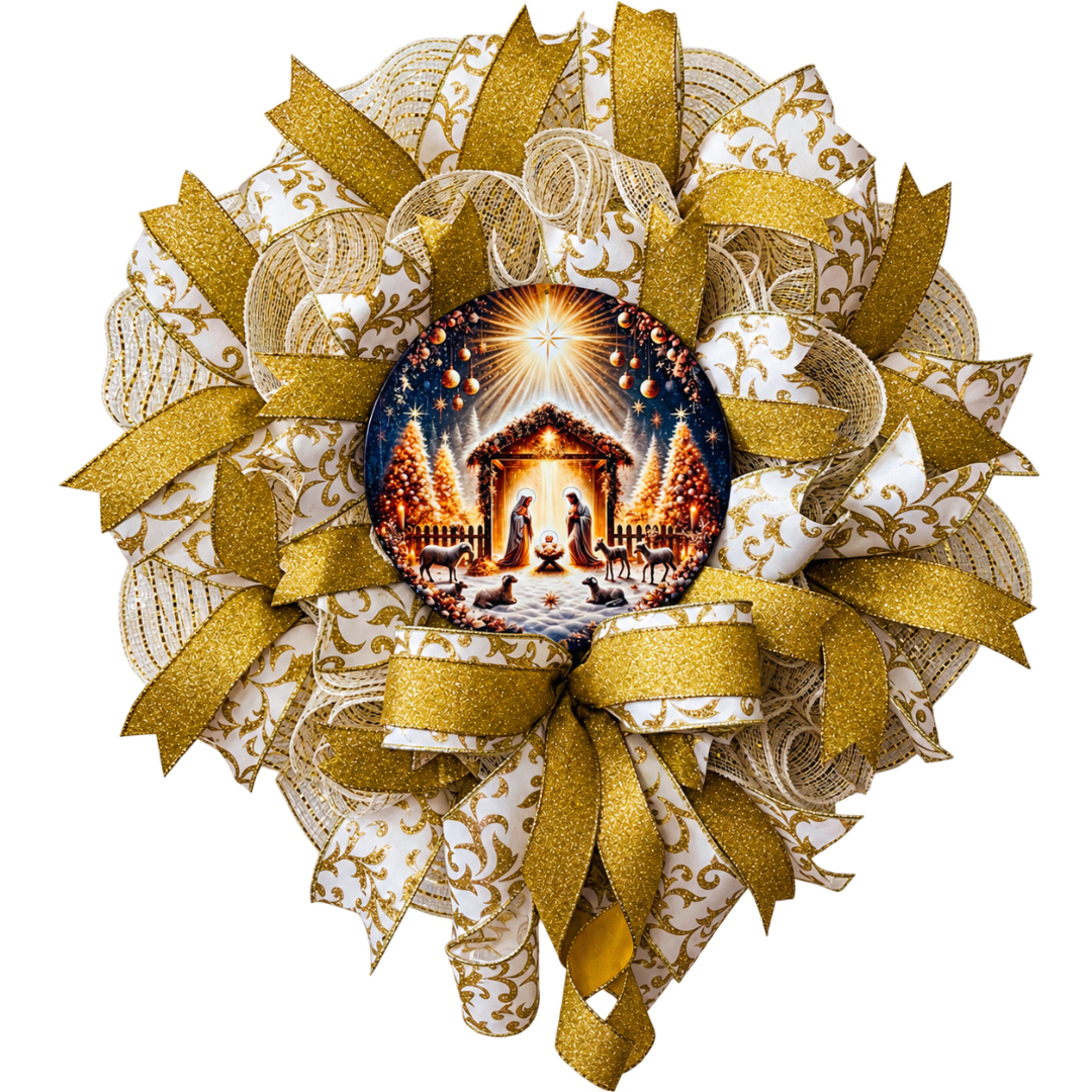 Gold and creme deco mesh and ribbon faith based wreath featuring a golden nativity scene metal wreath sign center with a bright north star by Monkey's Creations. 