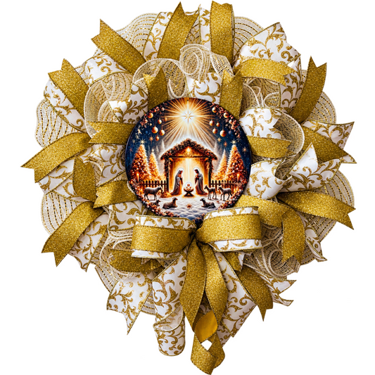 Gold and creme deco mesh and ribbon faith based wreath featuring a golden nativity scene metal wreath sign center with a bright north star by Monkey's Creations. 