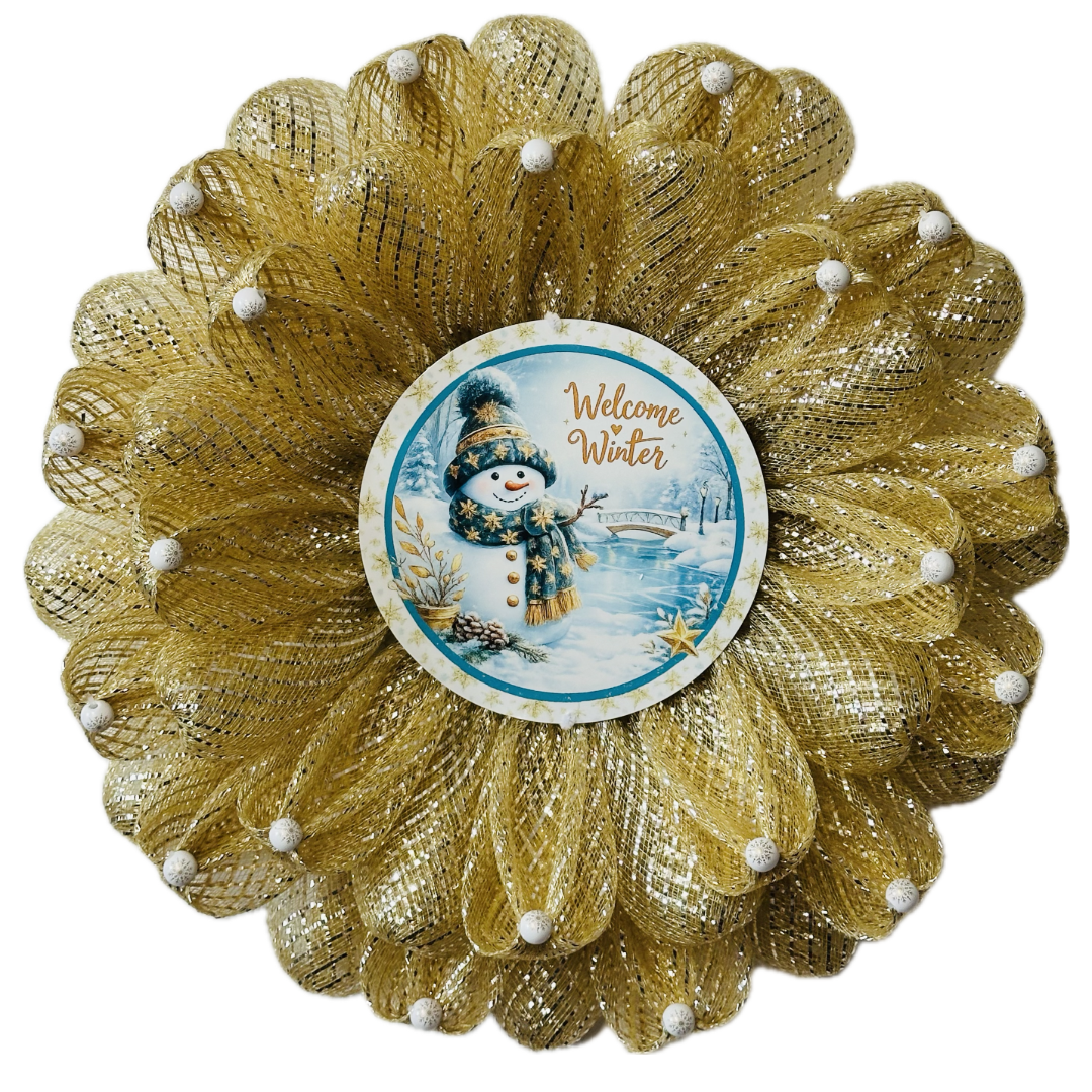 Gold deco mesh 3D flower wreath with beaded flower petals and a gold themed snowman center with "welcome winter" by Monkey's Creations. 