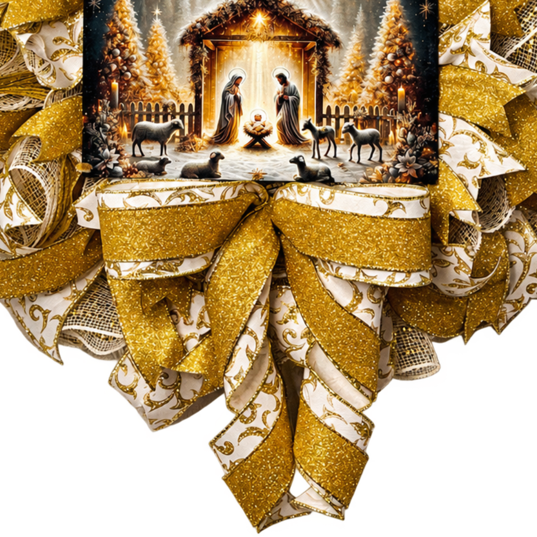 A gold and creme deco mesh and ribbon wreath featuring a golden nativity scene by Monkey's Creations. 