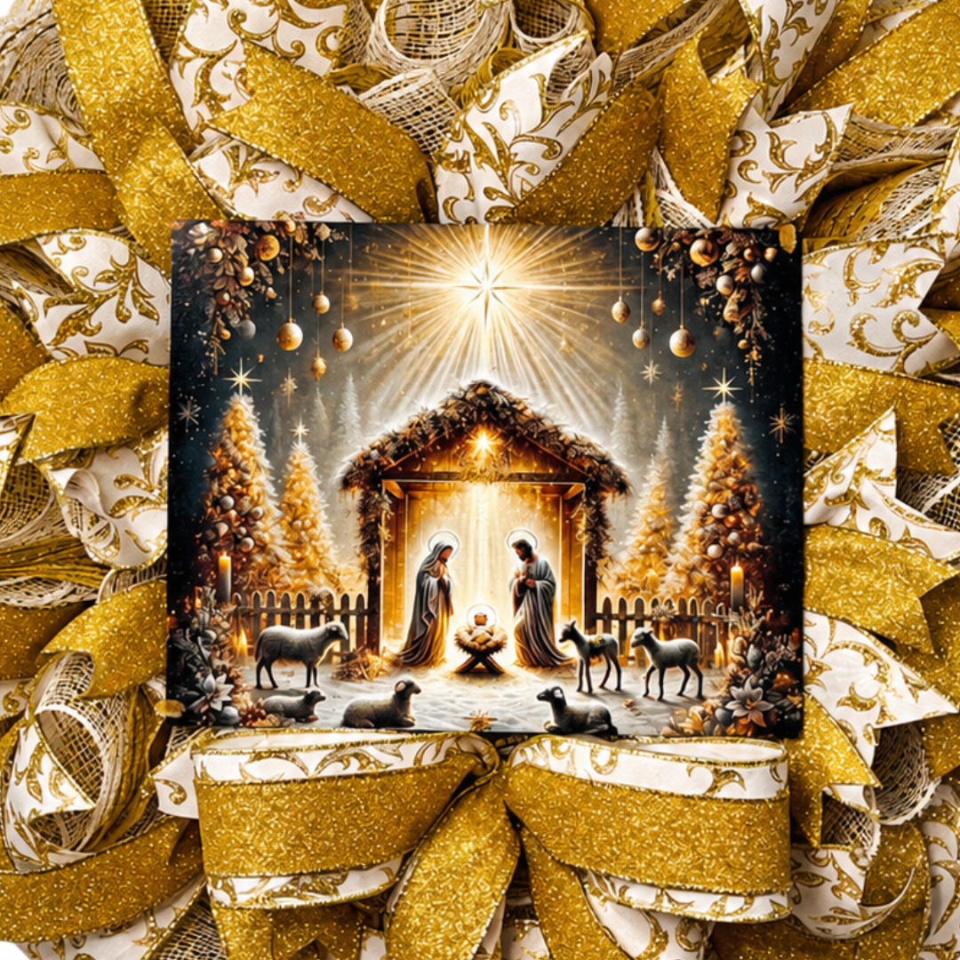 A gold and creme deco mesh and ribbon wreath featuring a golden nativity scene by Monkey's Creations. 