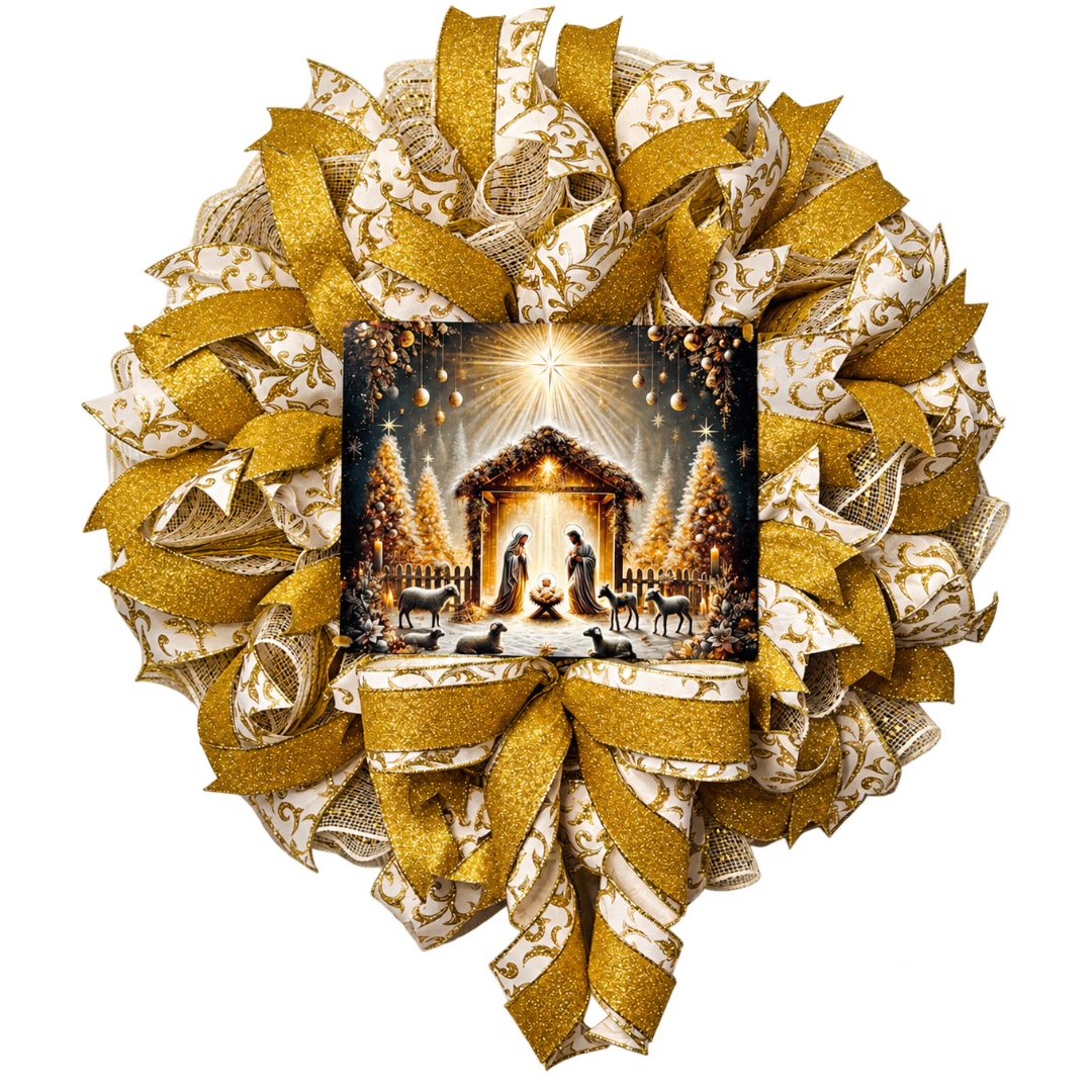 A gold and creme deco mesh and ribbon wreath featuring a golden nativity scene by Monkey's Creations. 