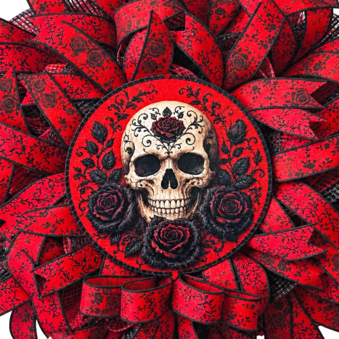 A gothic-style skull and roses deco mesh and ribbon wreath featuring a skull surrounded by red and black roses by Monkey's Creations  