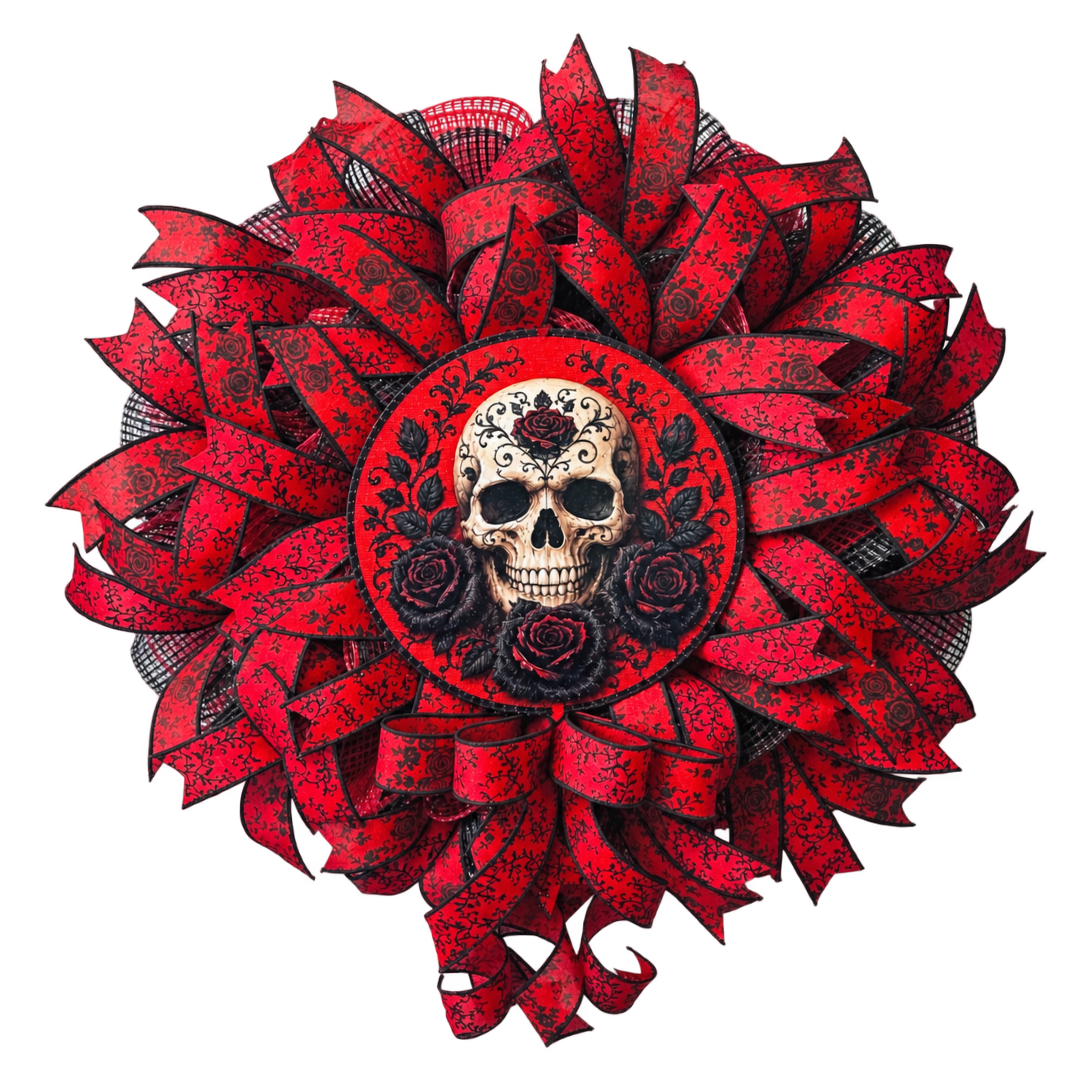 A gothic-style skull and roses deco mesh and ribbon wreath featuring a skull surrounded by red and black roses by Monkey's Creations  