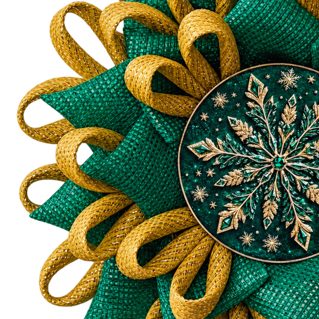 A green and gold deco mesh snowflake flower wreath featuring an ornate green and gold snowflake metal wreath sign center by Monkey's Creations. 