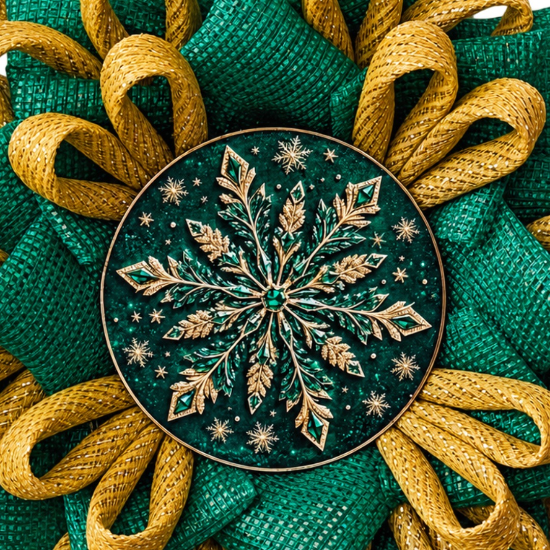 A green and gold deco mesh snowflake flower wreath featuring an ornate green and gold snowflake metal wreath sign center by Monkey's Creations. 