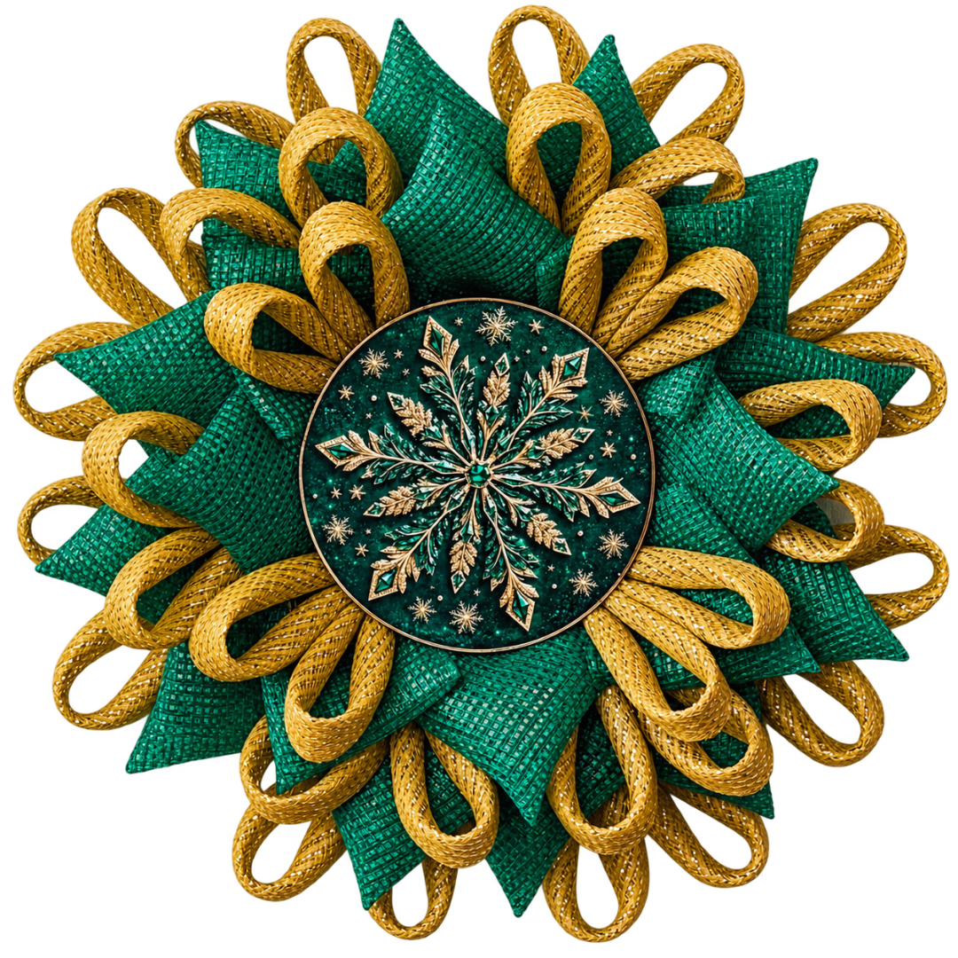 A green and gold deco mesh snowflake flower wreath featuring an ornate green and gold snowflake metal wreath sign center by Monkey's Creations. 