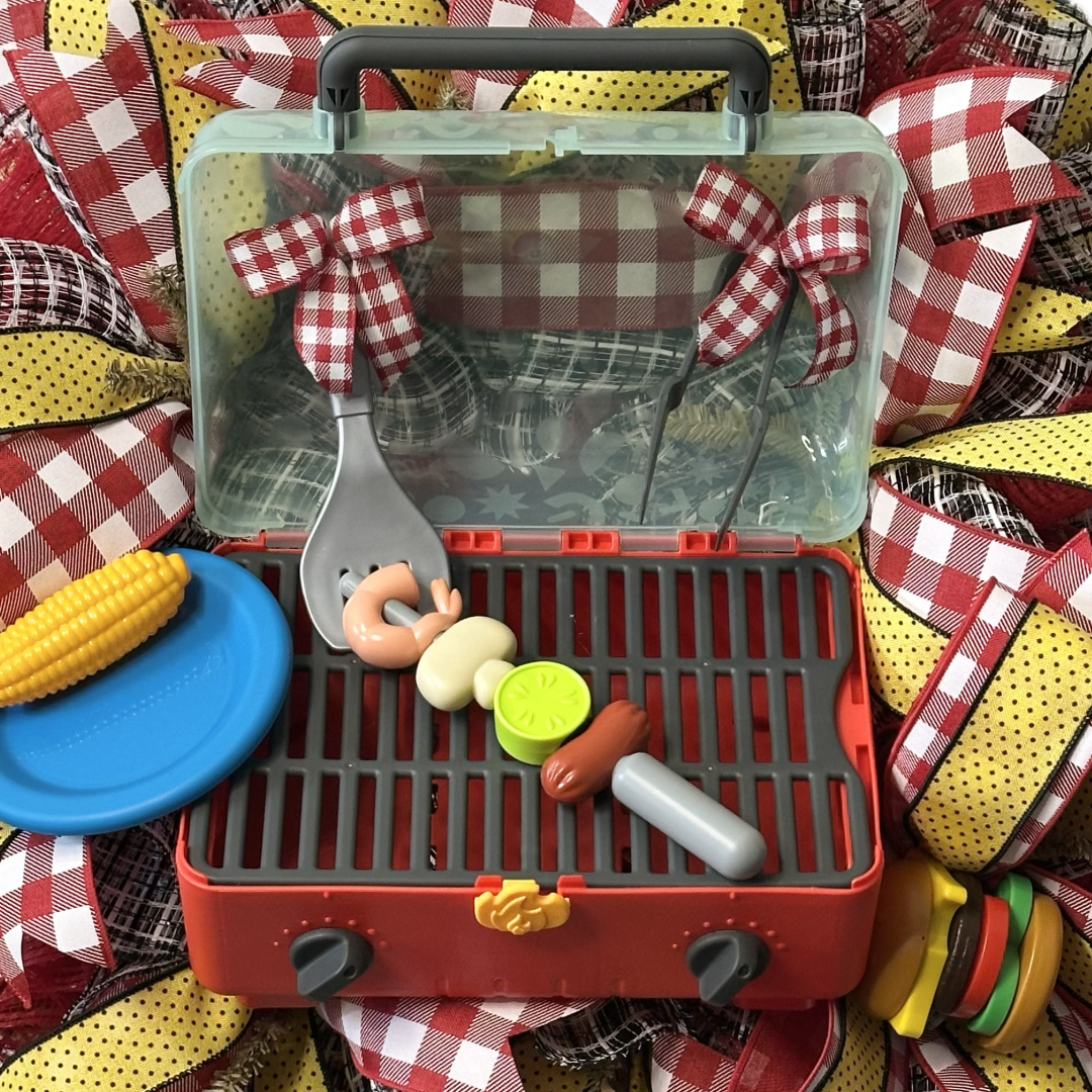 Summer grilling wreath with a grill and summer items, deco mesh and ribbon by Monkey's Creations