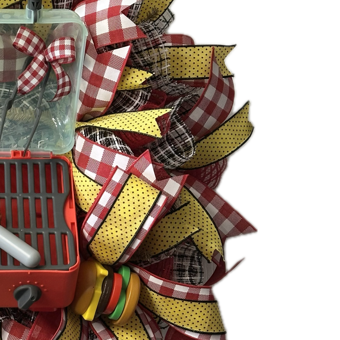Summer grilling wreath with a grill and summer items, deco mesh and ribbon by Monkey's Creations