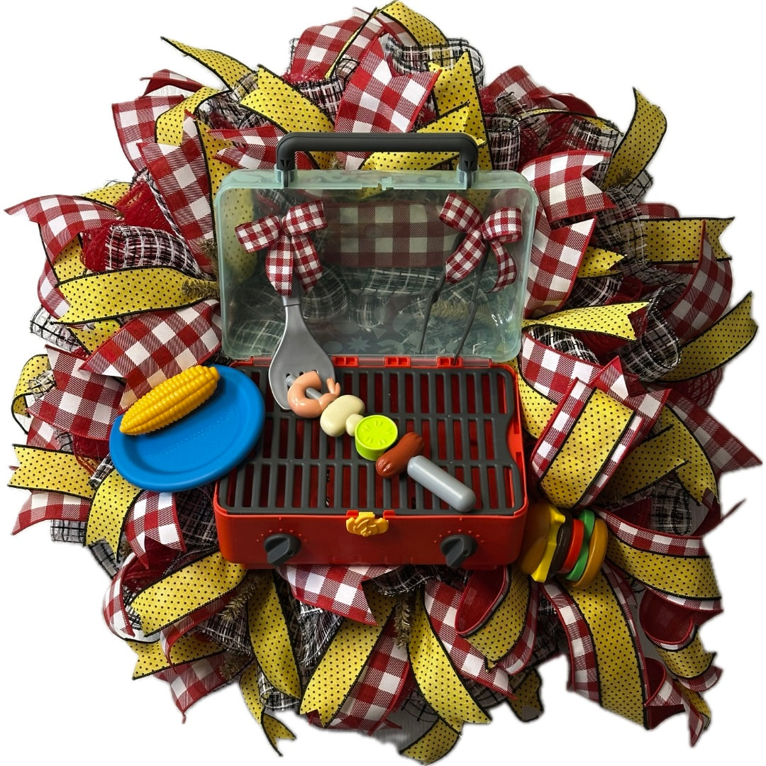 Summer grilling wreath with a grill and summer items, deco mesh and ribbon by Monkey's Creations