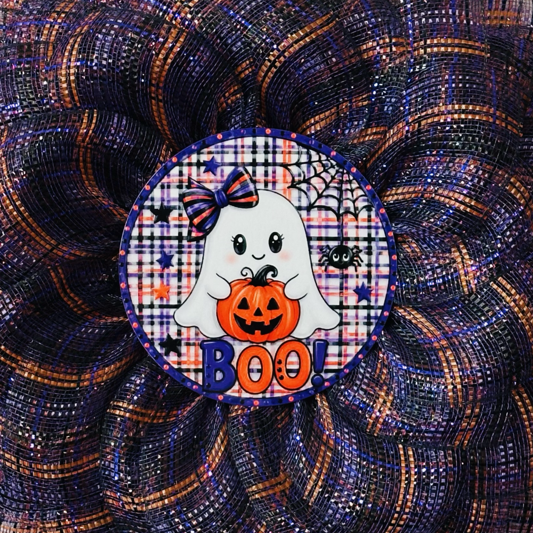 Purple, orange and black deco mesh flower wreath featuring a cutesy ghost center with "BOO" for Halloween by Monkey's Creations. 