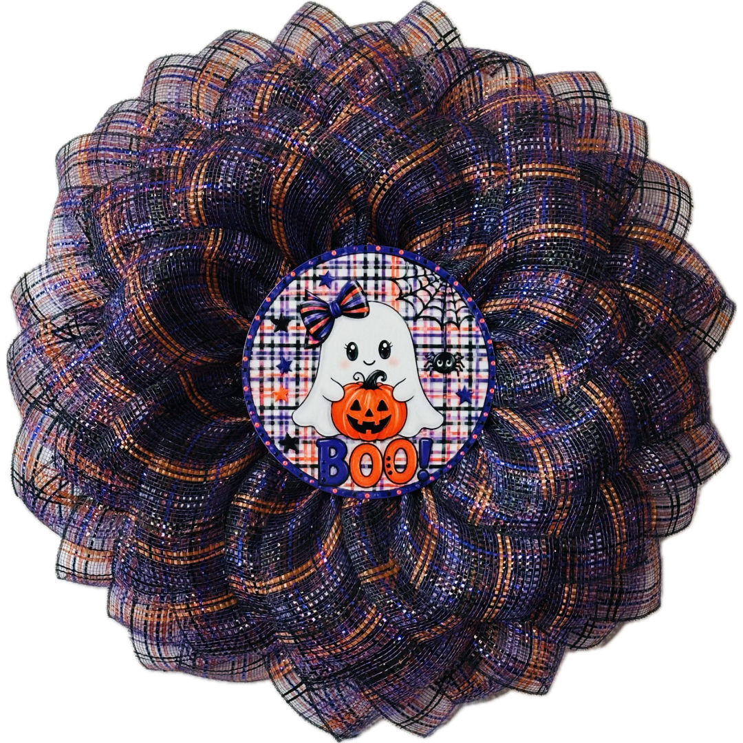 Purple, orange and black deco mesh flower wreath featuring a cutesy ghost center with "BOO" for Halloween by Monkey's Creations. 