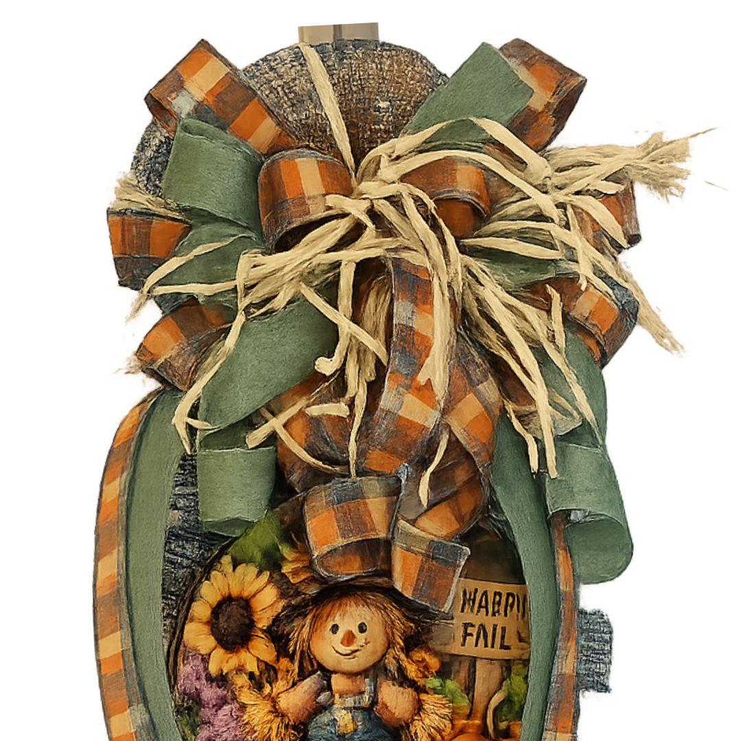 Autumn themed swag wreath with orange, sage and smoke blue materials, "hay" embellishments and a round scarecrow themed "hello fall" metal wreath sign by Monkey's Creations. 