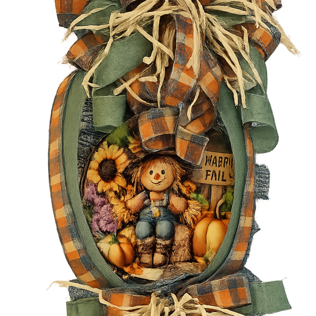 Autumn themed swag wreath with orange, sage and smoke blue materials, "hay" embellishments and a round scarecrow themed "hello fall" metal wreath sign by Monkey's Creations. 