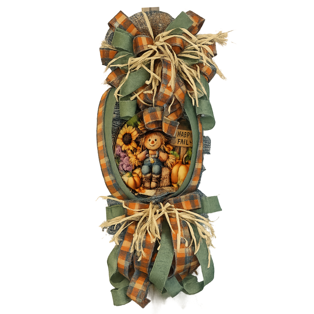Autumn themed swag wreath with orange, sage and smoke blue materials, "hay" embellishments and a round scarecrow themed "happy fall" metal wreath sign by Monkey's Creations. 