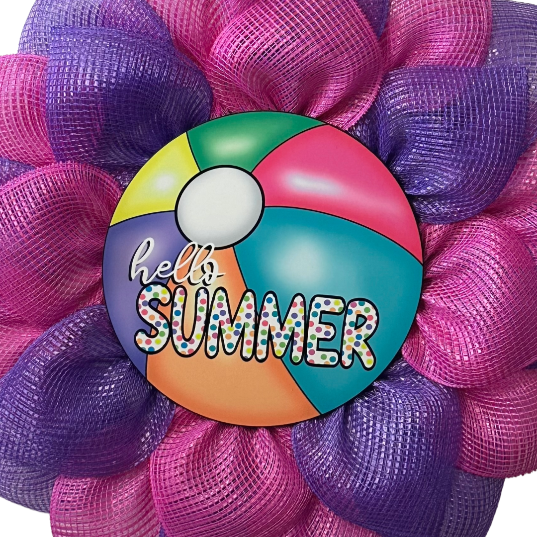 Hello Summer beach ball with mesh, uitc wreath board, ribbon and zip ties by Monkey's Creations.