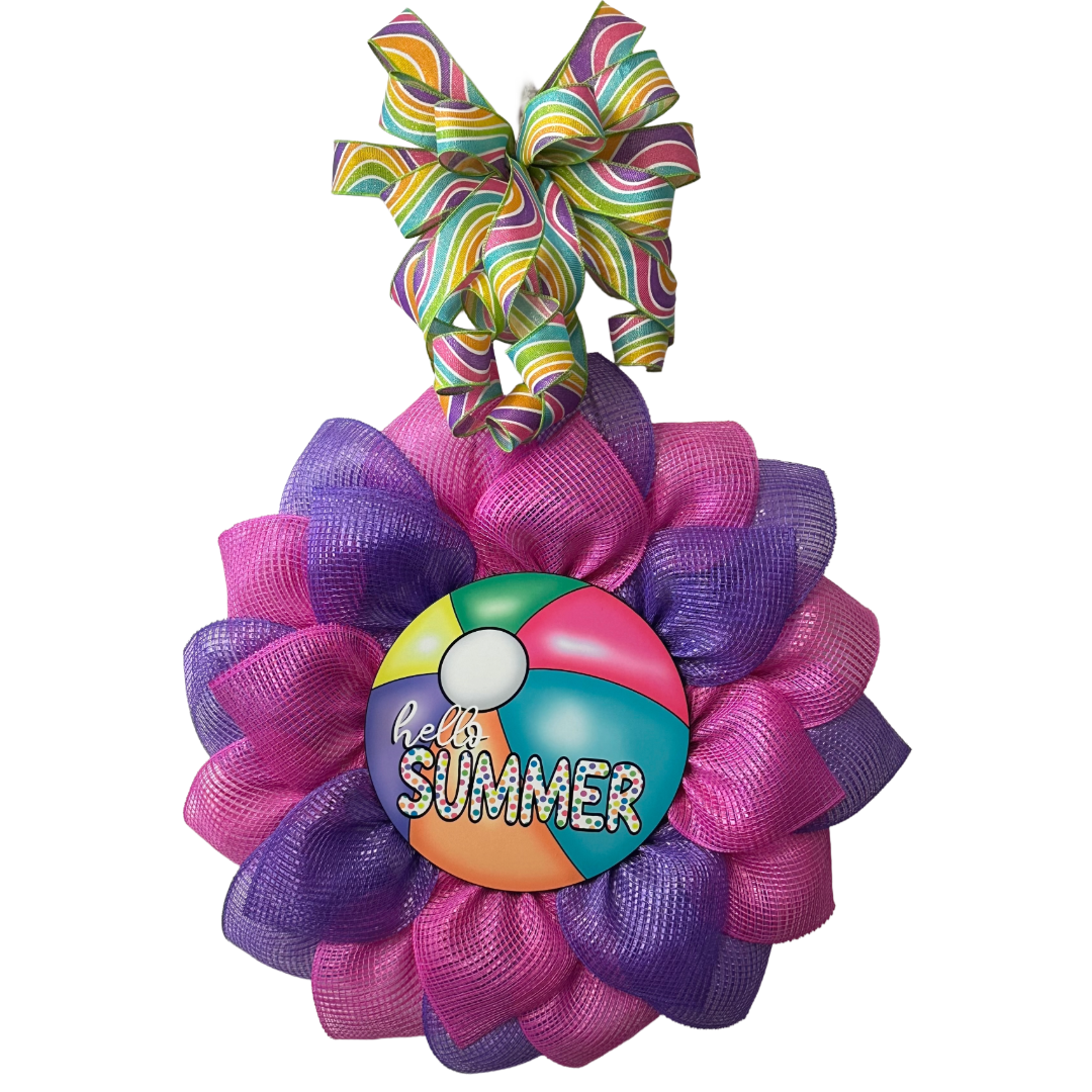 Hello Summer beach ball with mesh, uitc wreath board, ribbon and zip ties by Monkey's Creations.