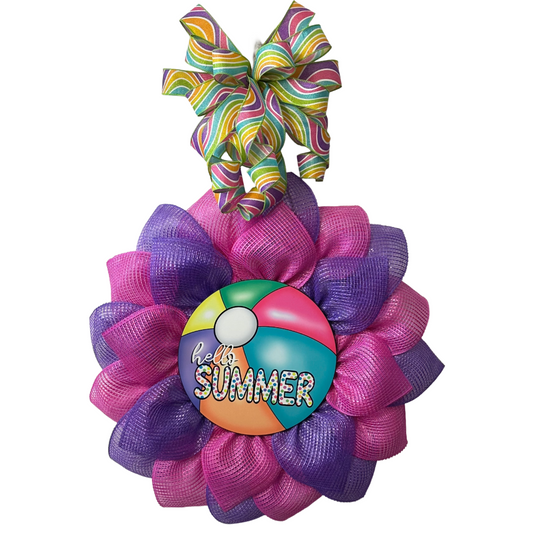 Hello Summer beach ball with mesh, uitc wreath board, ribbon and zip ties by Monkey's Creations.