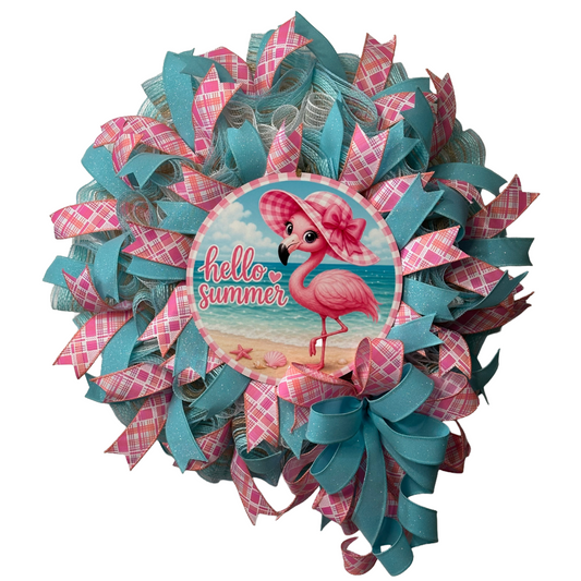 Deco mesh and ribbon wreath with a pink flamingo and 'hello summer' metal wreath sign center by Monkey's Creations. 