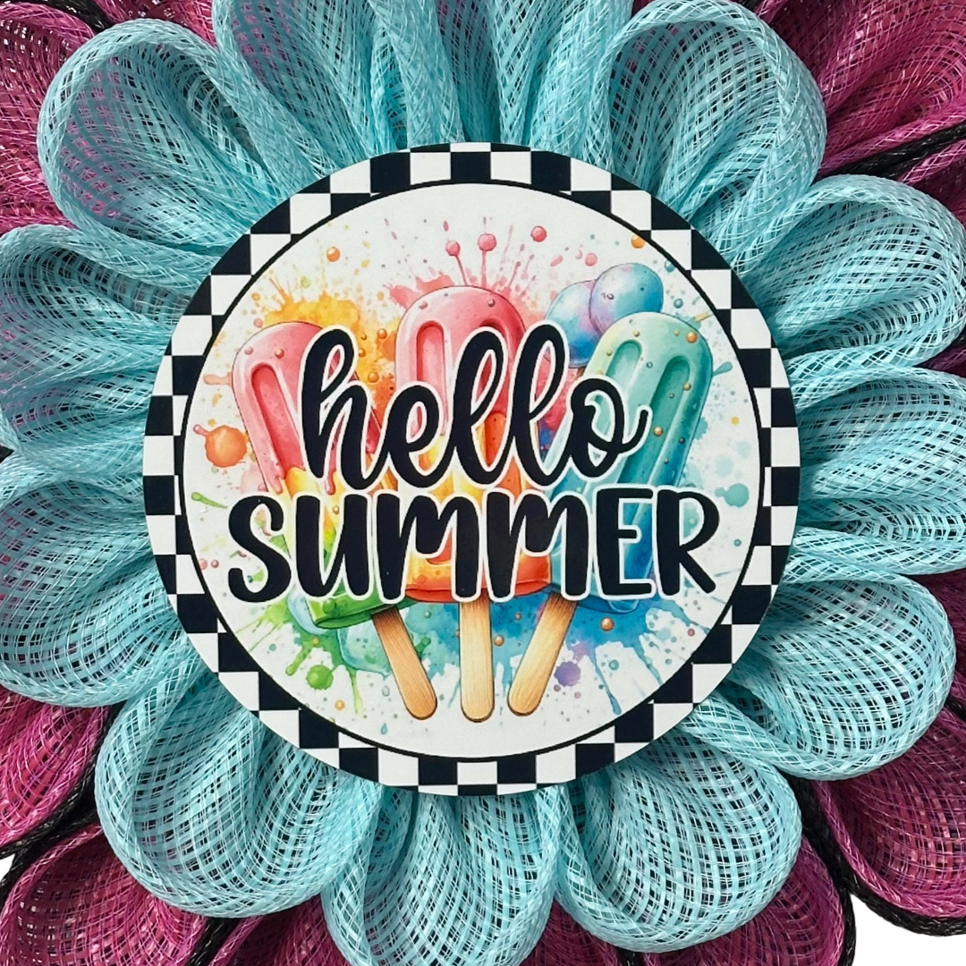 Decorative flower wreath with 'hello summer' text and popsicles by Monkey's Creations