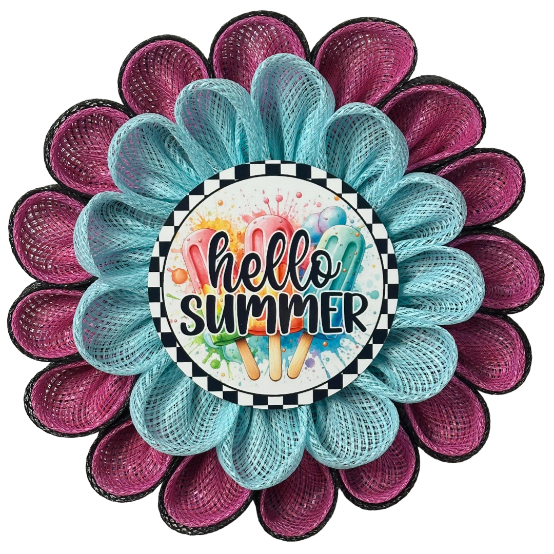 Decorative flower wreath with 'hello summer' text and popsicles by Monkey's Creations
