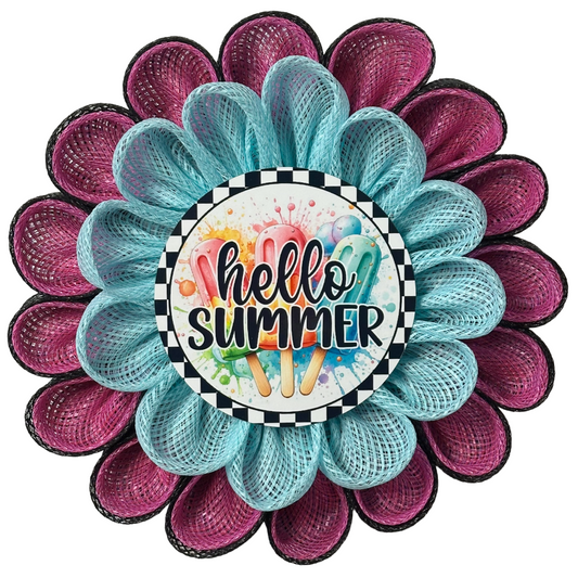 Decorative flower wreath with 'hello summer' text and popsicles by Monkey's Creations