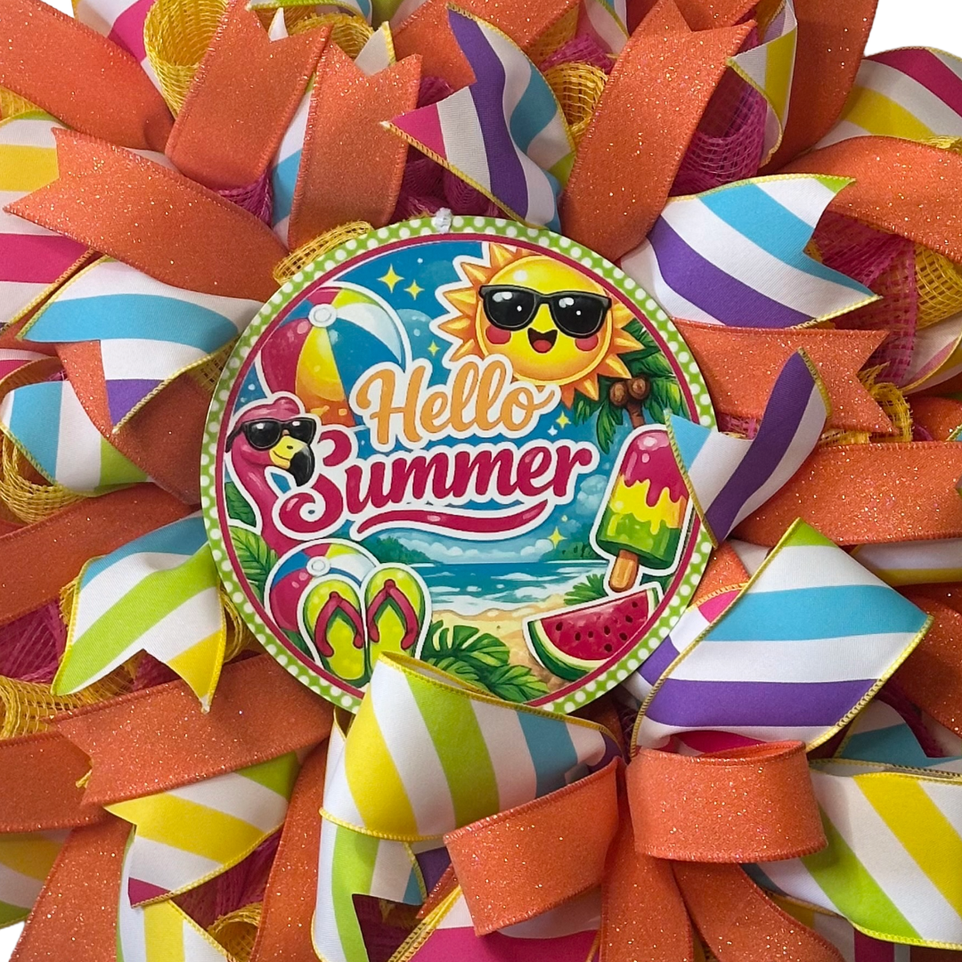 Colorful deco mesh and ribbon wreath with summer-themed elements and a 'Hello Summer' metal wreath sign center.