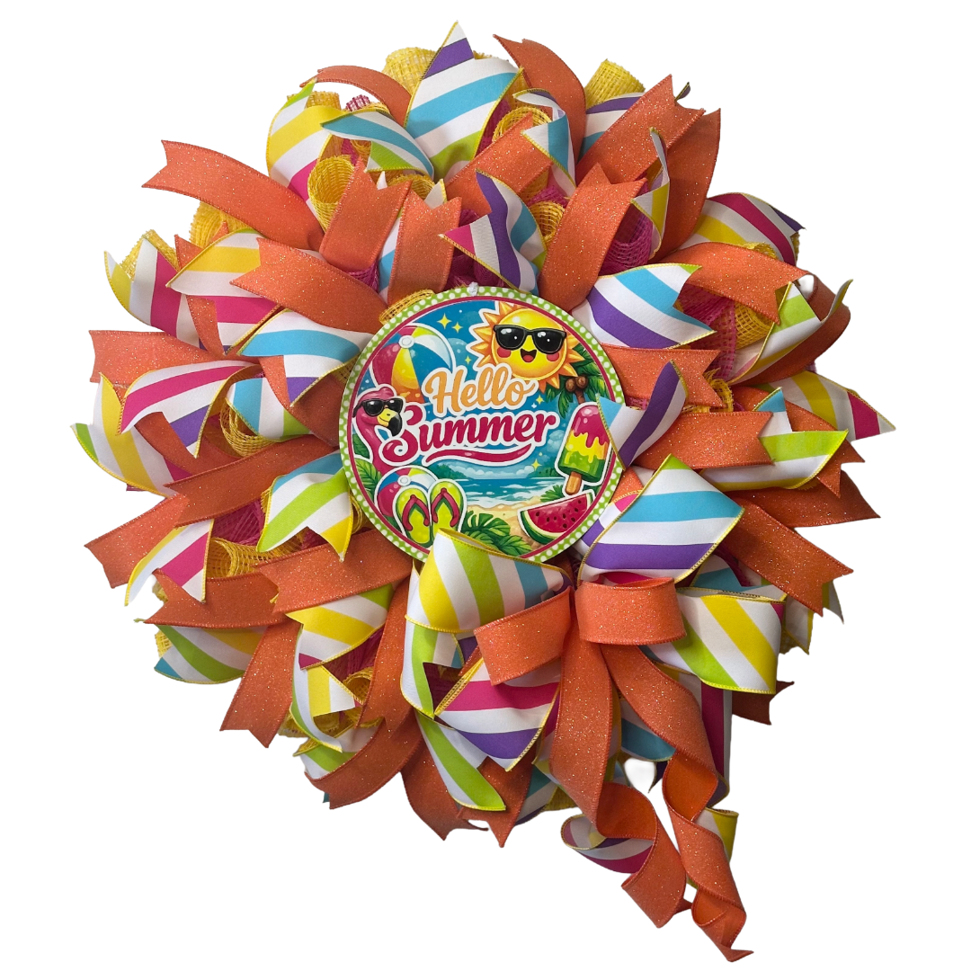 Colorful deco mesh and ribbon wreath with summer-themed elements and a 'Hello Summer' metal wreath sign center.