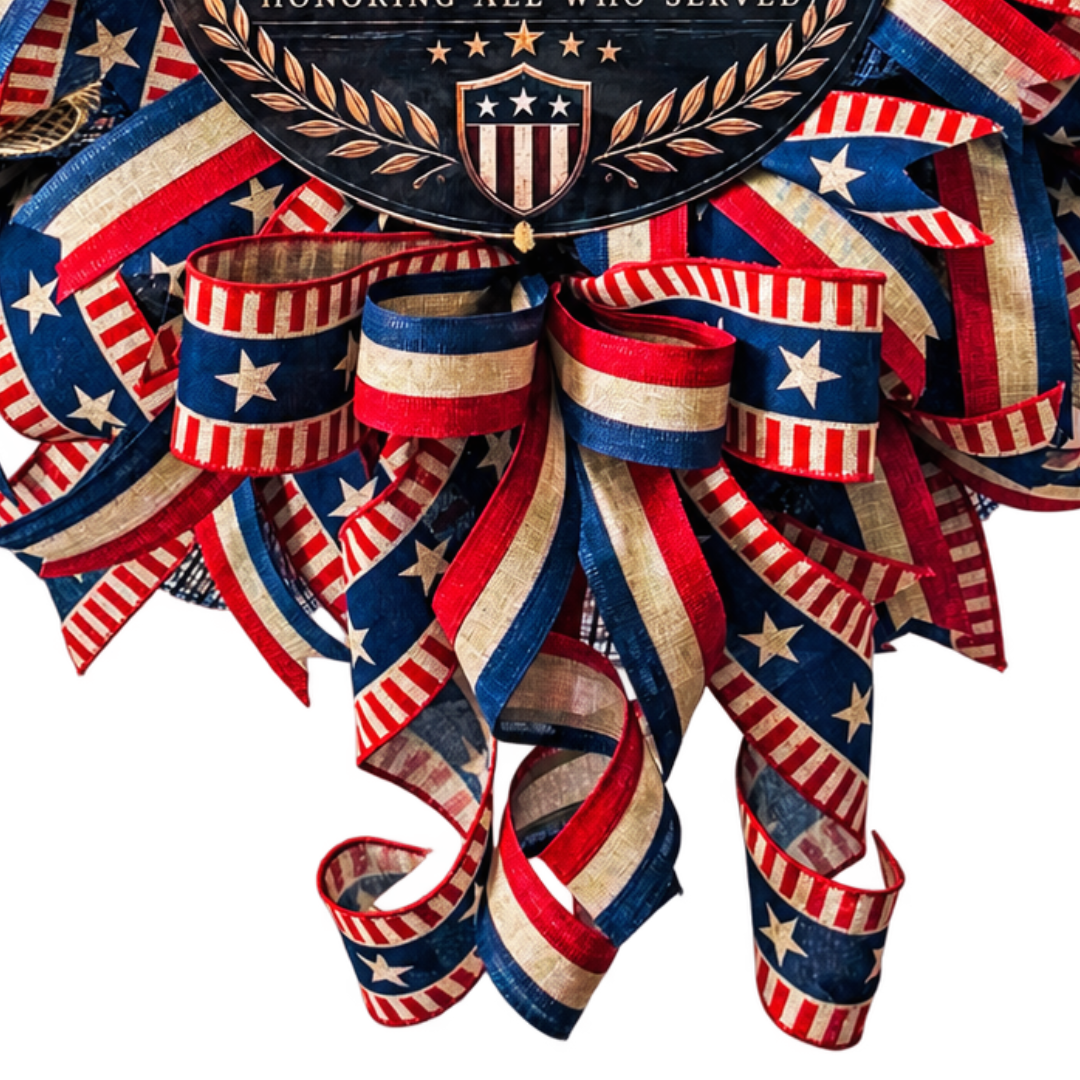 Deco mesh and ribbon wreath by Monkey's Creations featuring patriotic red, natural and navy blue Americana colors with a "Veterans Day - honoring all who served" metal wreath sign center.