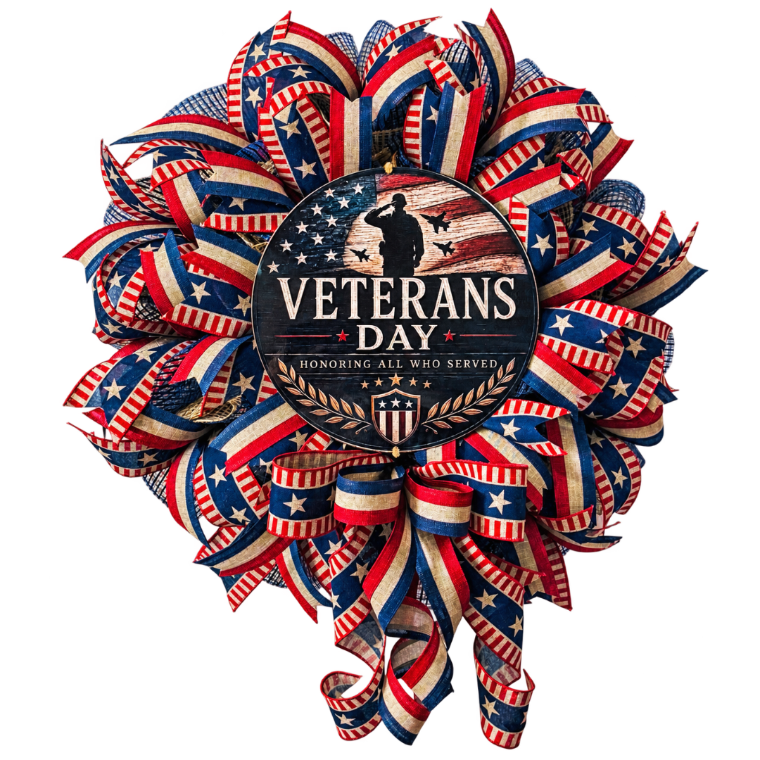 Deco mesh and ribbon wreath by Monkey's Creations featuring patriotic red, natural and navy blue Americana colors with a "Veterans Day - honoring all who served" metal wreath sign center.