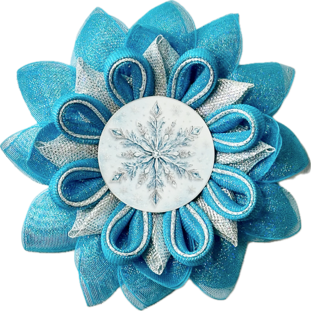 Ice blue and silver deco mesh snowflake made with a metal snowflake center by Monkey's Creations. 