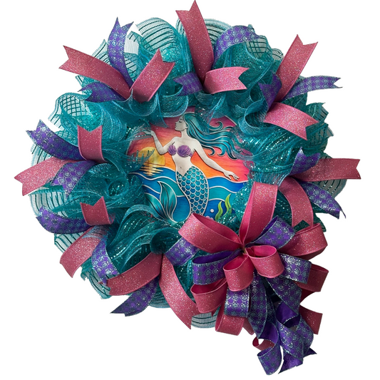 Deco mesh and ribbon wreath with mermaid ocean sunset center by Monkey's Creations.