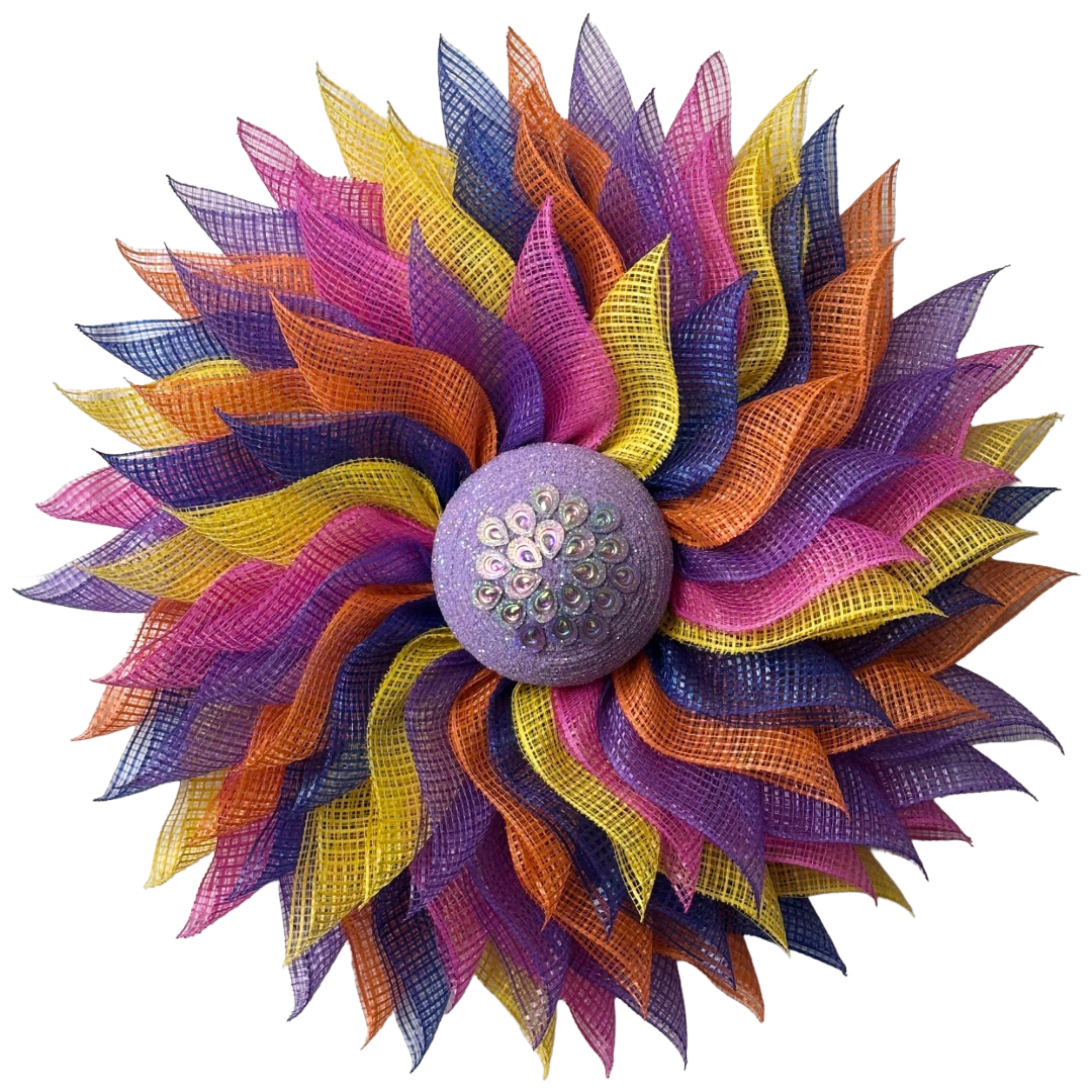 Deco mesh flower wreath with multicolored petals and an purple gemstone flower center 