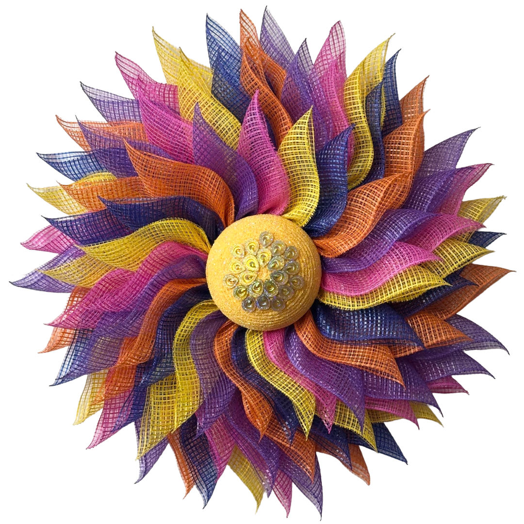 Deco mesh flower wreath with multicolored petals and an yellow gemstone flower center 