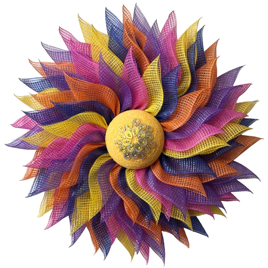 Deco mesh flower wreath with multicolored petals and an yellow gemstone flower center 