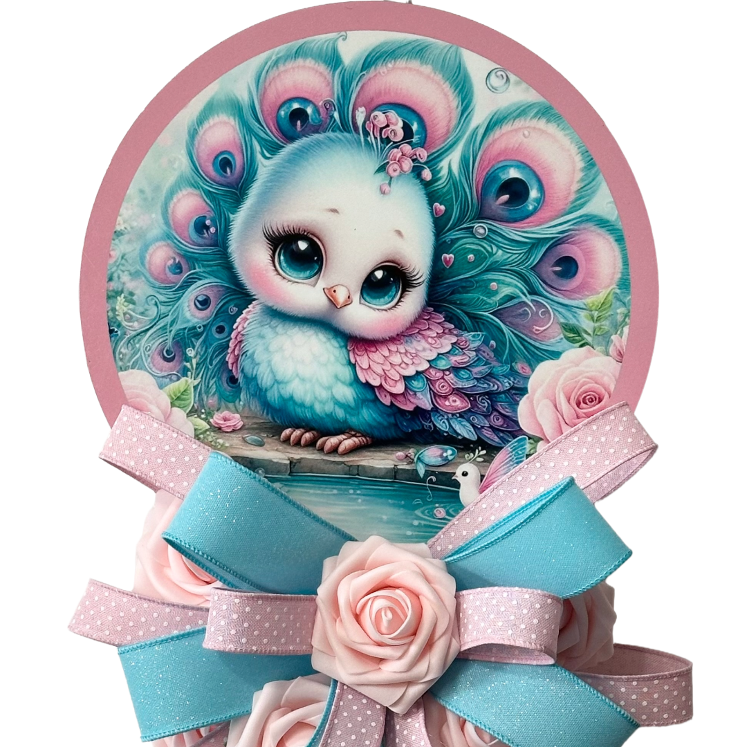 Pastel peacock door hanger with a pink and teal ribbon bow by Monkey's Creations