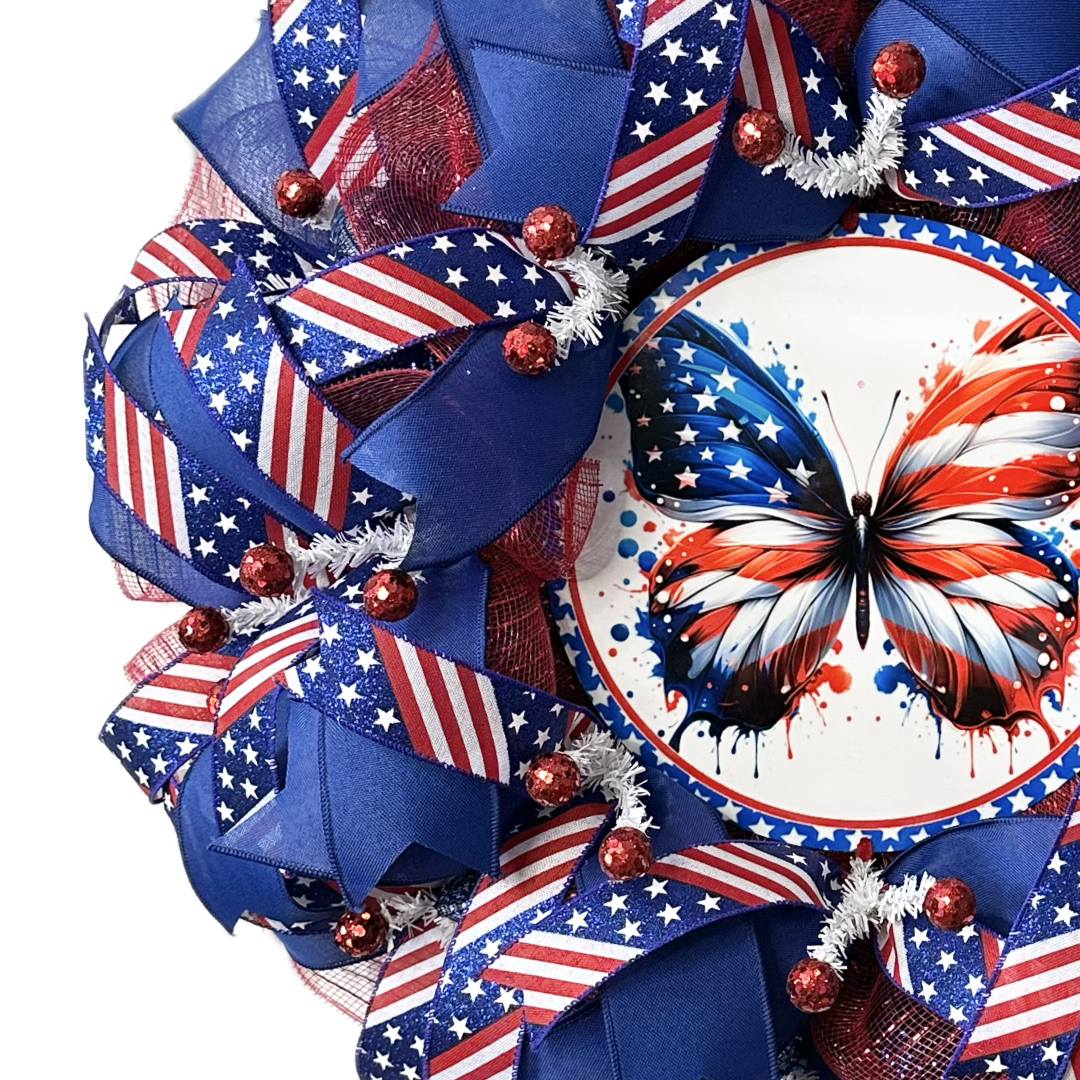 Decorative wreath with American flag patterns and a butterfly design 