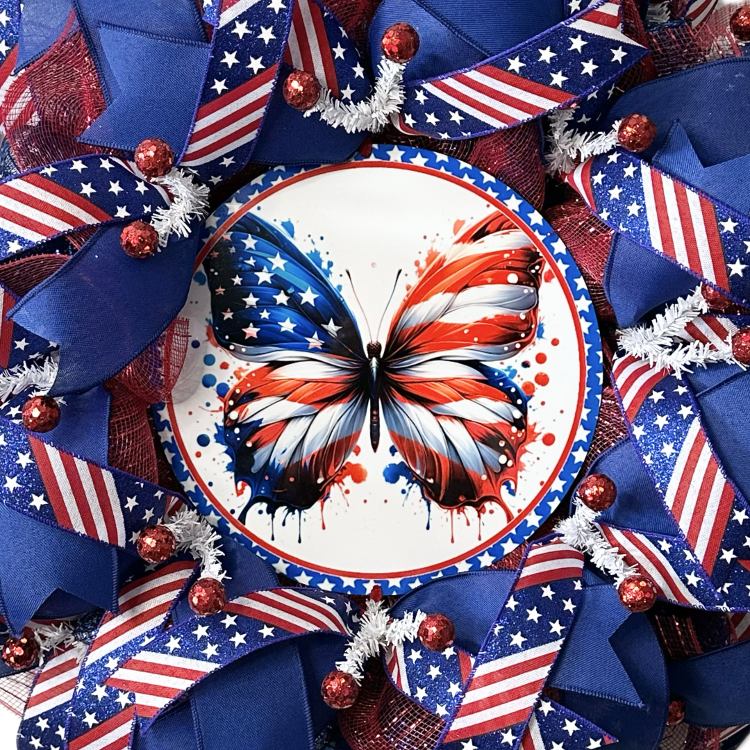 Butterfly design with American flag colors surrounded by decorative bows.