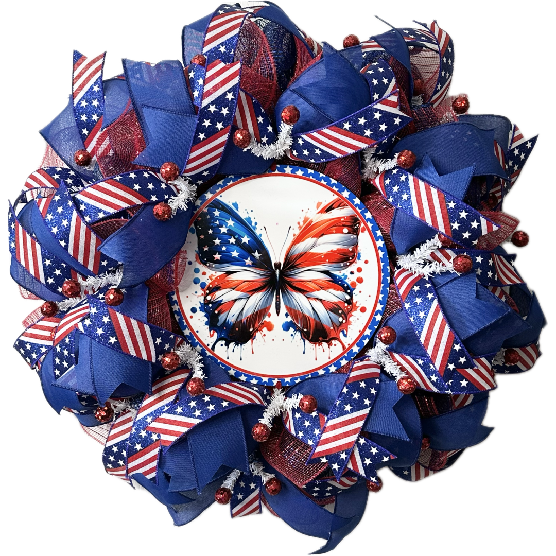 Decorative wreath with American flag patterns and a butterfly design 